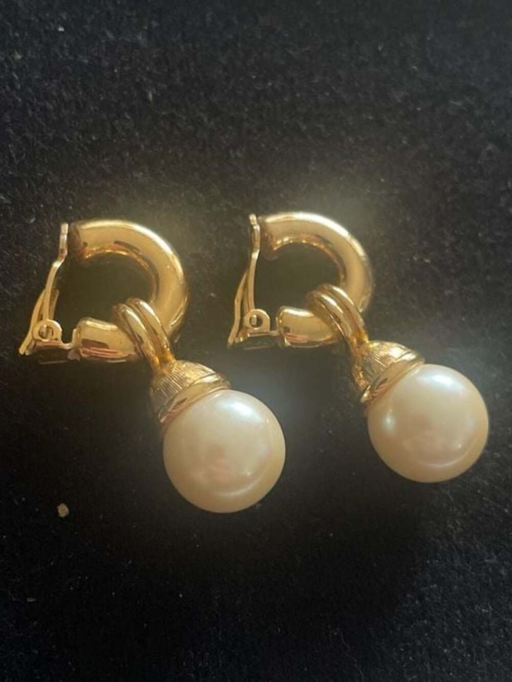 Vintage Gold Tone Clip-On Hoop Earrings with Faux Pearl Drops